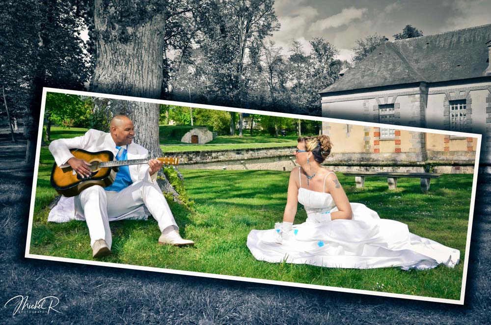 Mariés assis dans un parc avec une guitare